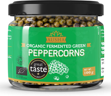 Ausha Organic Green Peppercorns In Brine 100G - Uk Certified Organic Soil Association - Bio Available Form Of Pepper - Fermented In Brine With Turmeric And Amla Juice - 1* Great Taste Award