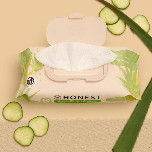 The Honest Company Hydrate + Cleanse Naturally Scented Wipes | Cleansing Multi-Tasking Wipes | 99% Water, Plant-Based, Hypoallergenic | Aloe + Cucumber, 60 Count