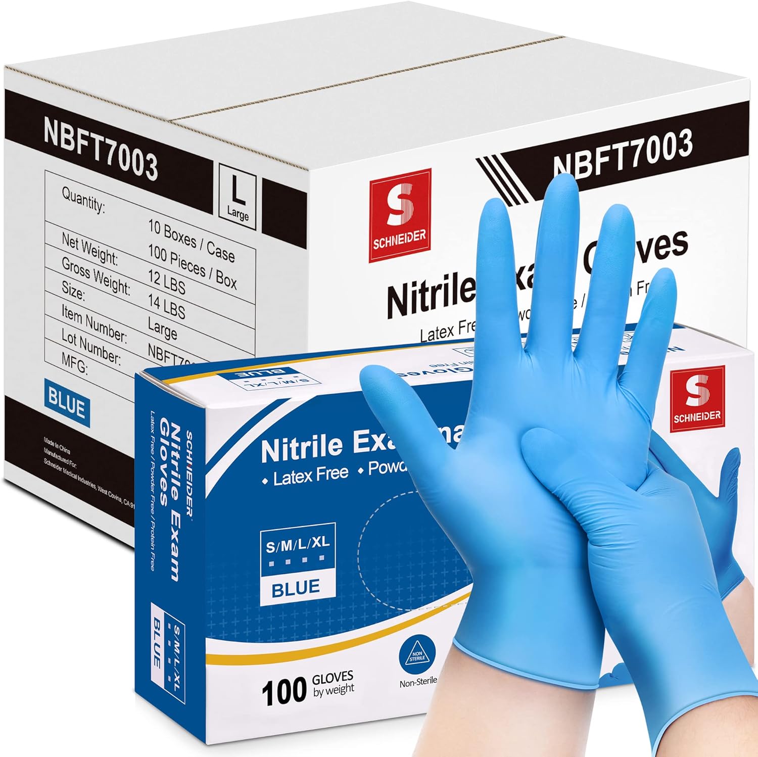 Schneider Nitrile Exam Gloves, Blue, 4 Mil, Powder-Free, Latex-Free, For Medical Exam, Cleaning And Food Prep, Non-Sterile