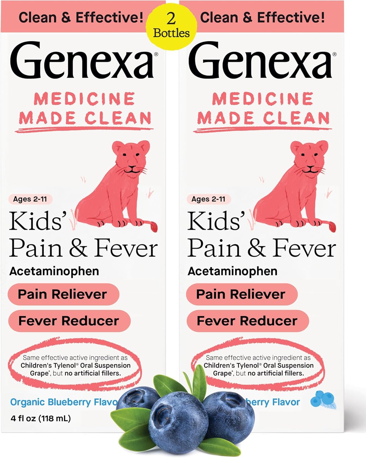 Genexa Kids’ Pain And Fever Reducer | Childrens Acetaminophen, Dye Free, Liquid Oral Suspension Medicine For Kids 2-11 | Delicious Organic Blueberry Flavor | 160 Mg Per 5Ml | 8 Fluid Ounces (2 Pack)