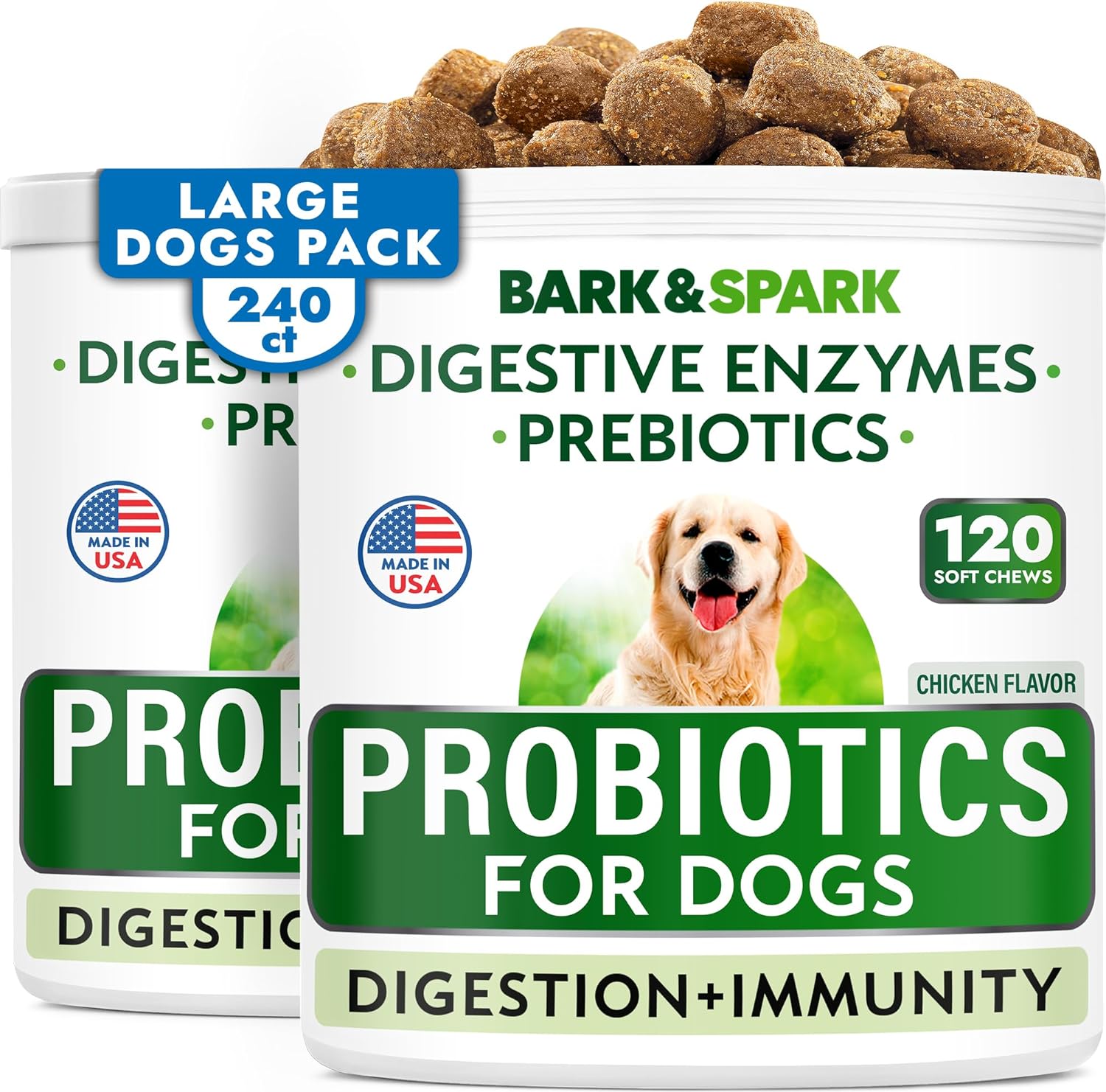Bark&Spark Dog Probiotics & Digestive Enzymes (Gut Health) Allergy & Itchy Skin - Pet Diarrhea Gas Treatment Upset Stomach Relief, Digestion Health Prebiotic Supplement Large Dog Treats (240Ct Bacon)