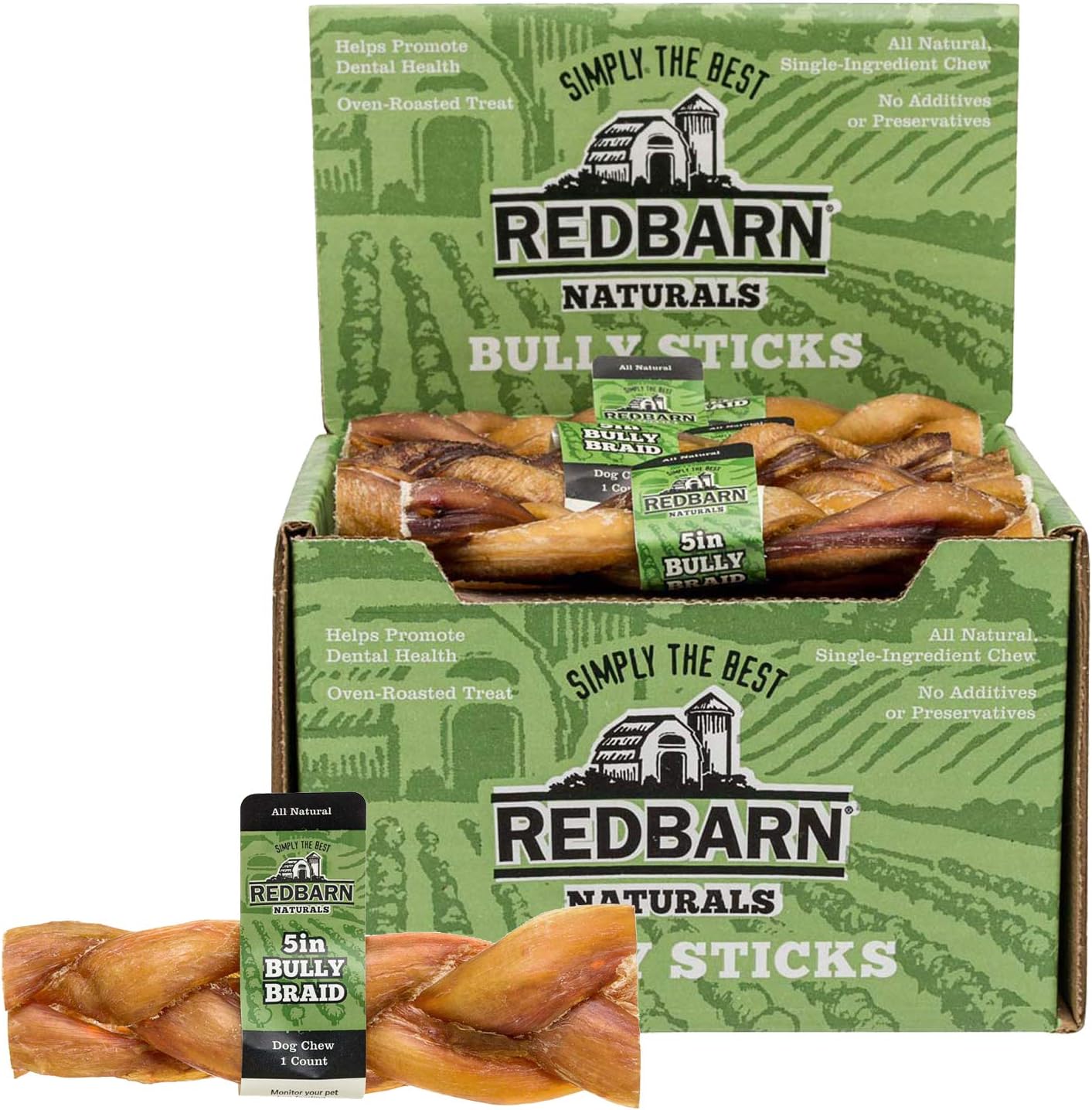 Redbarn Braided Bully Sticks 5" Dog Treats, 5-In Chew, Case Of 30