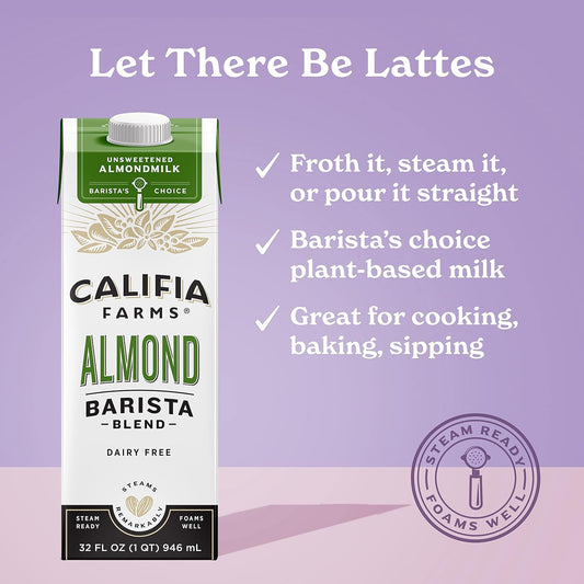 Califia Farms - Unsweetened Almond Barista Blend Almond Milk, 32 Oz (Pack Of 6), Shelf Stable, Dairy Free, Plant Based, Vegan, Gluten Free, Non Gmo, Sugar Free, Milk Frother, Creamer