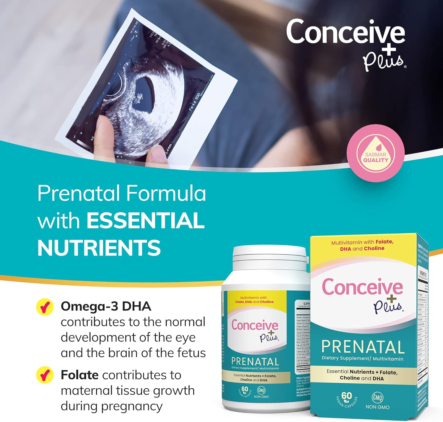 CONCEIVE PLUS Prenatal Vitamins for Women - DHA, Choline + Folate, Healthy Pregnancy, Non-GMO, Pregnancy Multivitamin - 30 Days Supply, 60 Capsules : Health & Household