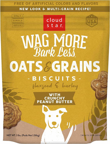 Cloud Star Wag More Bark Less Oats & Grains Crunchy Dog Treats, Peanut Butter, 3 Lbs. Pouch