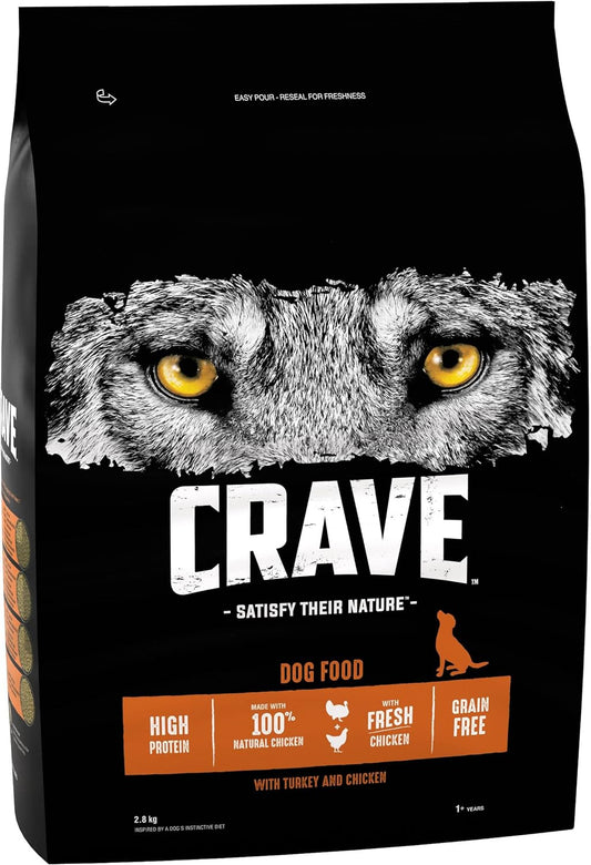 Crave Turkey & Chicken 3 x 2.8 kg Bags, Premium Adult Dry Dog Food with high Protein, Grain-free?392437