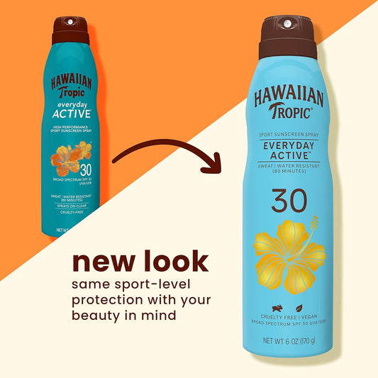 Hawaiian Tropic Everyday Active Clear Spray Sunscreen SPF 30, 6oz | Hawaiian Tropic Sunscreen SPF 30, Sunblock, Oxybenzone Free Sunscreen, Spray On Sunscreen, Body Sunscreen Spray, 6oz