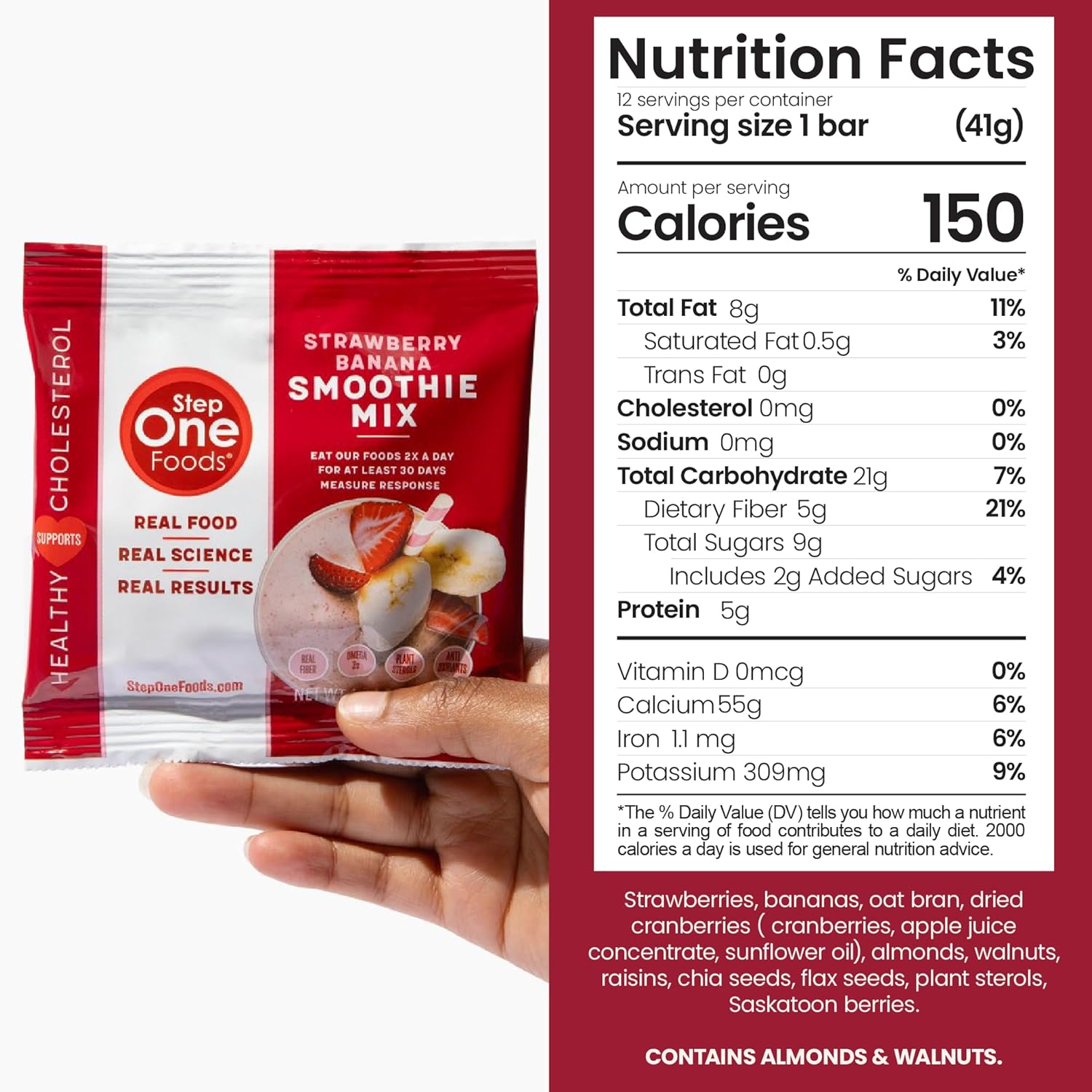 Step One Foods Strawberry Banana Smoothie Mix, Heart Healthy Snack Plant Sterols, Omega 3'S And Dietary Fiber Gluten Free Vegan Smoothie Mix (12 Pack)