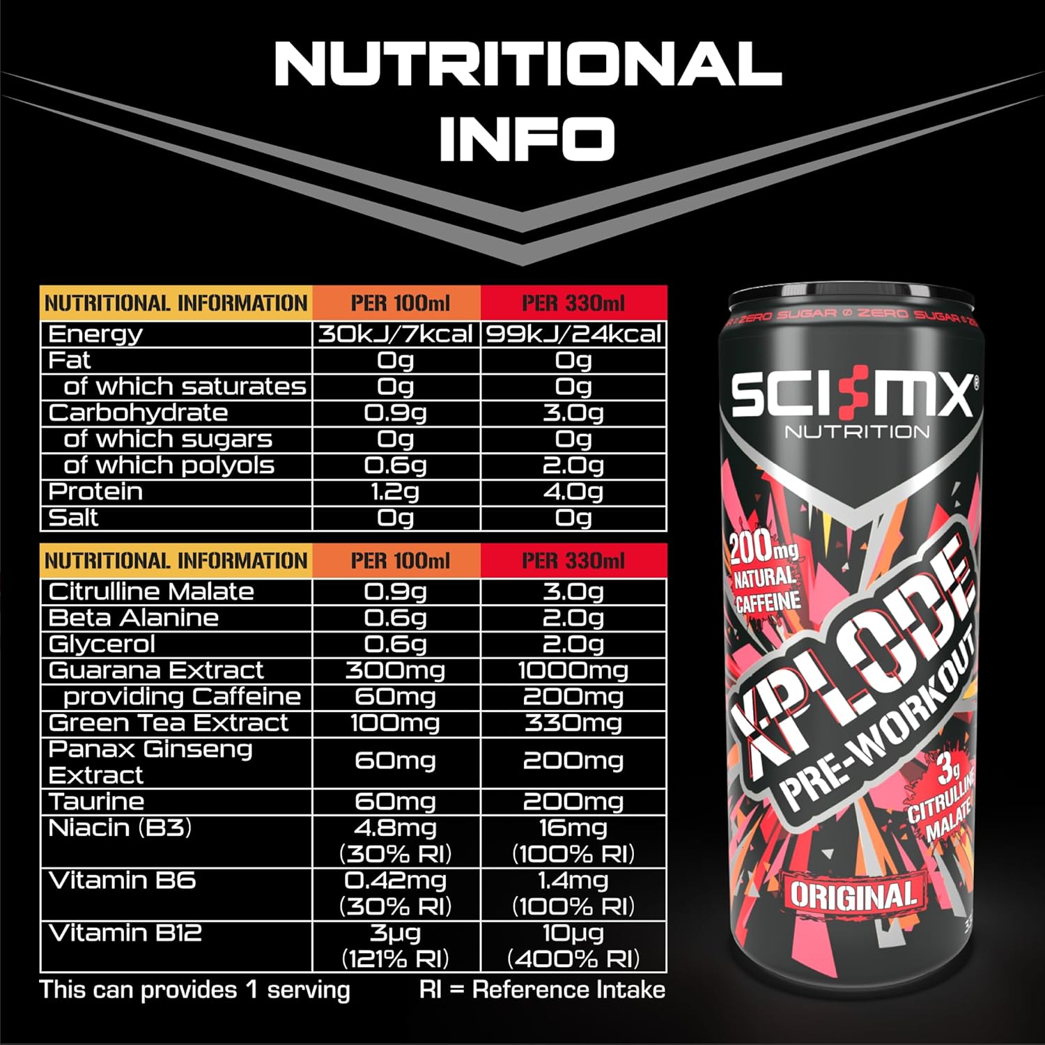 SCI-MX - X-PLODE Pre-Workout - 330ml x 12 - Ginger + Mango Flavour - 200mg Natural Caffeine, 3000mg Citrulline Malate, 16mg Vitamin B3, B6 + B12 - 24kcal / serving - Zero Sugar - Suitable for Vegans : Amazon.co.uk: Health & Personal Care