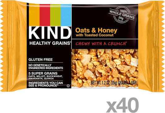 Kind Healthy Grains Oats & Honey With Toasted Coconut Bars, Gluten Free Bars, 1.2 Oz Bars (40 Count)