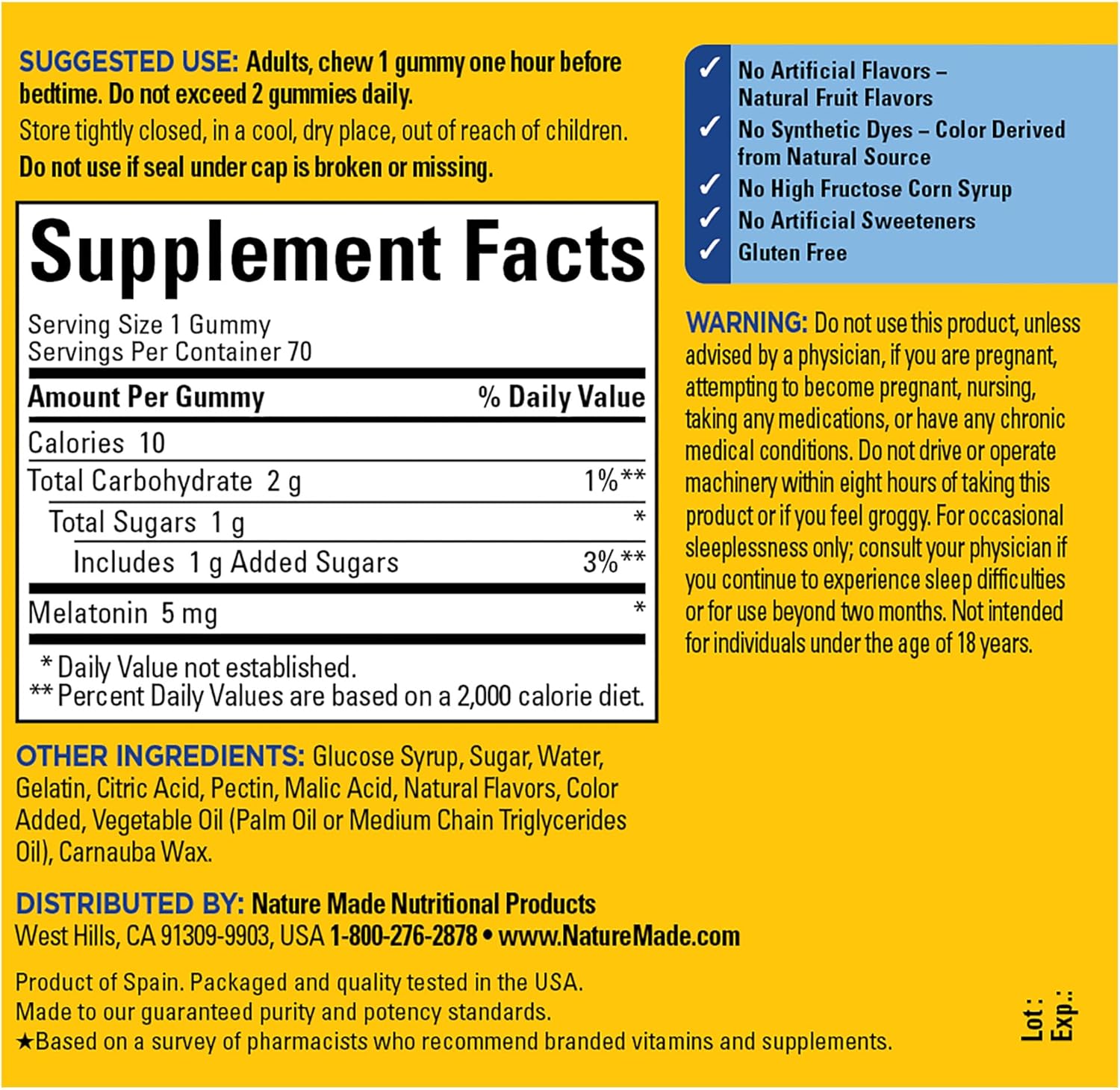 Nature Made Melatonin 5mg Extra Strength Gummies, 100% Drug Free Sleep Aid for Adults, 70 Melatonin Gummies, 70 Day Supply : Health & Household