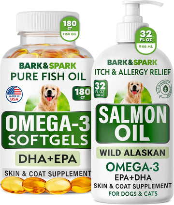 Bark&Spark Omega 3 For Dogs Bundle - Anti-Itch Skin + Skin Allergy - Omega 3 Fish Oil + Epa & Dha Fatty Acids - Itching & Paw Licking + Itch Relief - 180 Softgels + 32Oz - Made In Usa