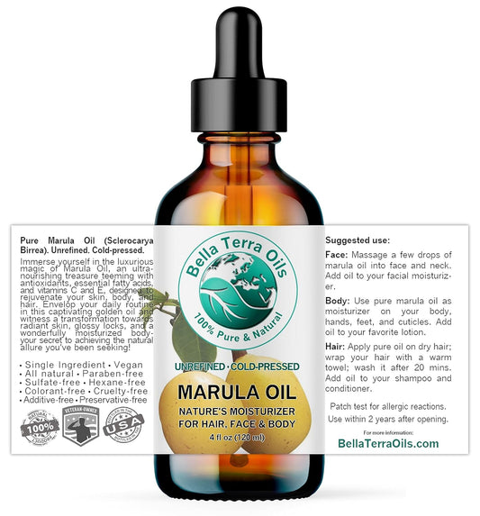 Bella Terra Oils - Marula Oil for Skin 4 oz - Dive into the Nutritional Excellence, Abundant in Vitamin C & Antioxidants, Perfect Companion for Your Face