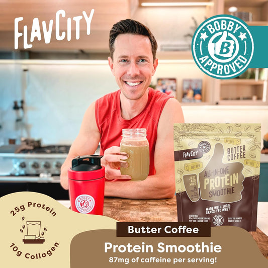 Flavcity Protein Powder Smoothie, Butter Coffee - 100% Grass-Fed Whey Protein Powder Shake With Collagen (25G Of Protein) - Gluten Free & No Added Sugars (33.02 Oz)