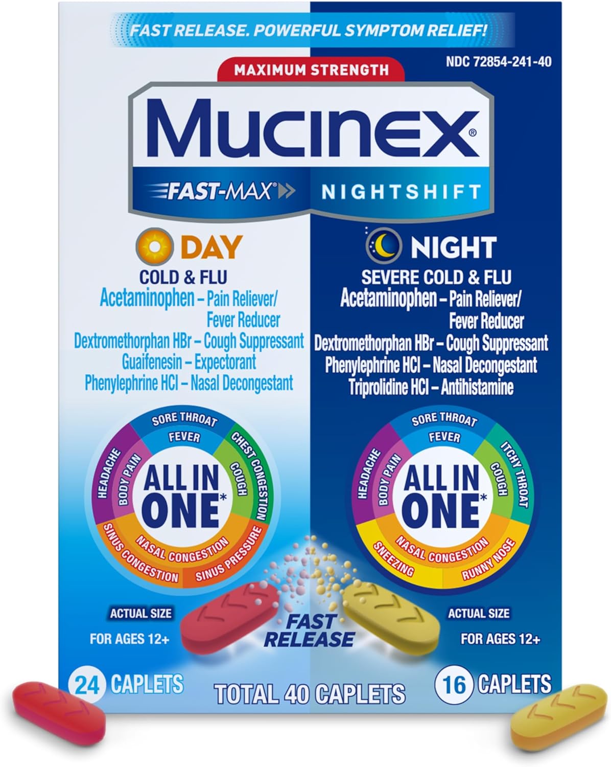 Mucinex Fast-Max Day Cold And Flu & Nightshift Night Severe Cold And Flu Medicine For Adults, Day/Night Combo Pack For Fever, Sore Throat Relief, Decongestant, Cough & Cold Medicines, 40 Caplets