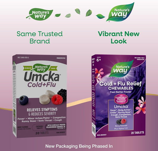 Nature'S Way Cold+Flu Relief, Umcka, Shortens Duration And Reduces Severity, Multi-Symptom Relief, Homeopathic, Phenylephrine Free, Non-Drowsy, Berry Flavored, 20 Chewable Tablets (Packaging May Vary)