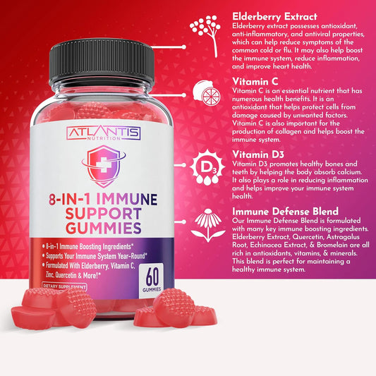 8-In-1 Immune Support Gummies W/Elderberry - Immune Support Supplement W/Elderberry, Quercetin, Zinc & Vitamin C Gummies - Immunity Boosters For Adults & Kids - Delicious Elderberry Flavor - 60 Count