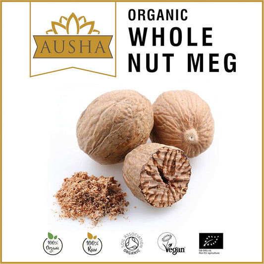 Ausha Organic Whole Nutmeg 50G - 1* Star Great Taste Award 2023 - Certified Organic By Soil Association - Great Taste Producer
