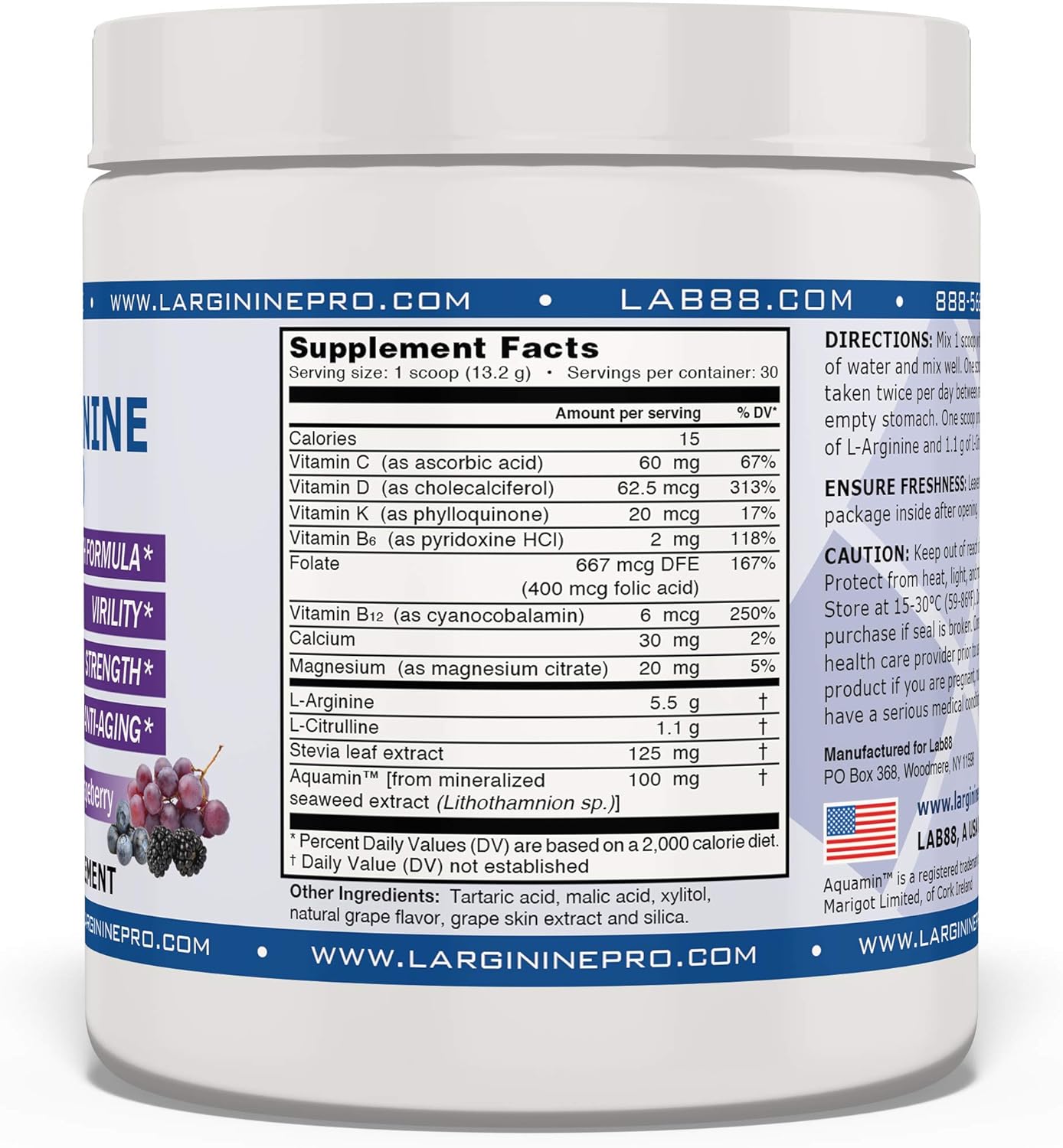 L-ARGININE PRO | L-arginine Supplement Powder | 5,500mg of L-arginine Plus 1,100mg L-Citrulline (Grape, Raspberry & Orange, 3 Jars) : Health & Household