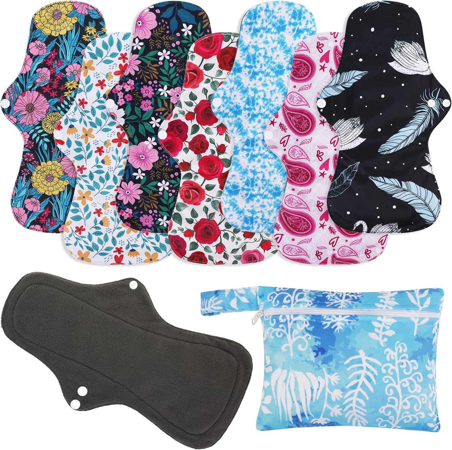 PHOGARY Reusable Menstrual Pads (7 in 1), Bamboo Cloth Pads for Heavy Flow with Wet Bag, Washable Overnight Cloth Panty Liners Period Pads, Large Sanitary Pads Set with Wings for Women