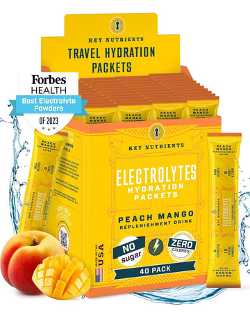 Key Nutrients Multivitamin Electrolytes Powder Packets - Tropical Peach Mango Post Workout And Recovery 40 Pack Hydration Packets - Travel Hydration Powder - No Sugar, No Calories