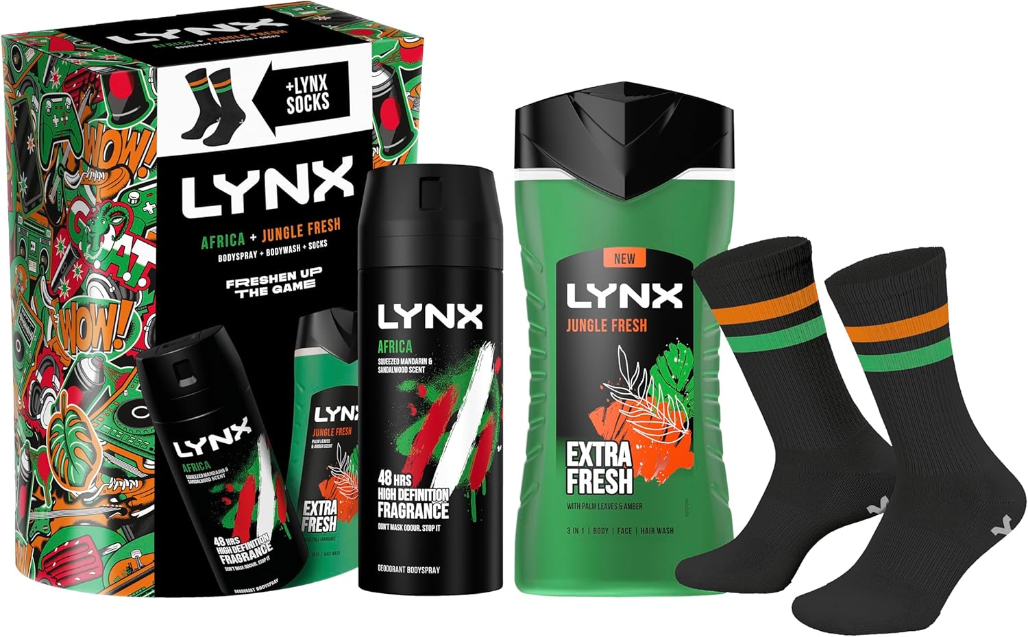 Lynx Mixed Bodyspray & Bodywash + Africa Socks Gift Set