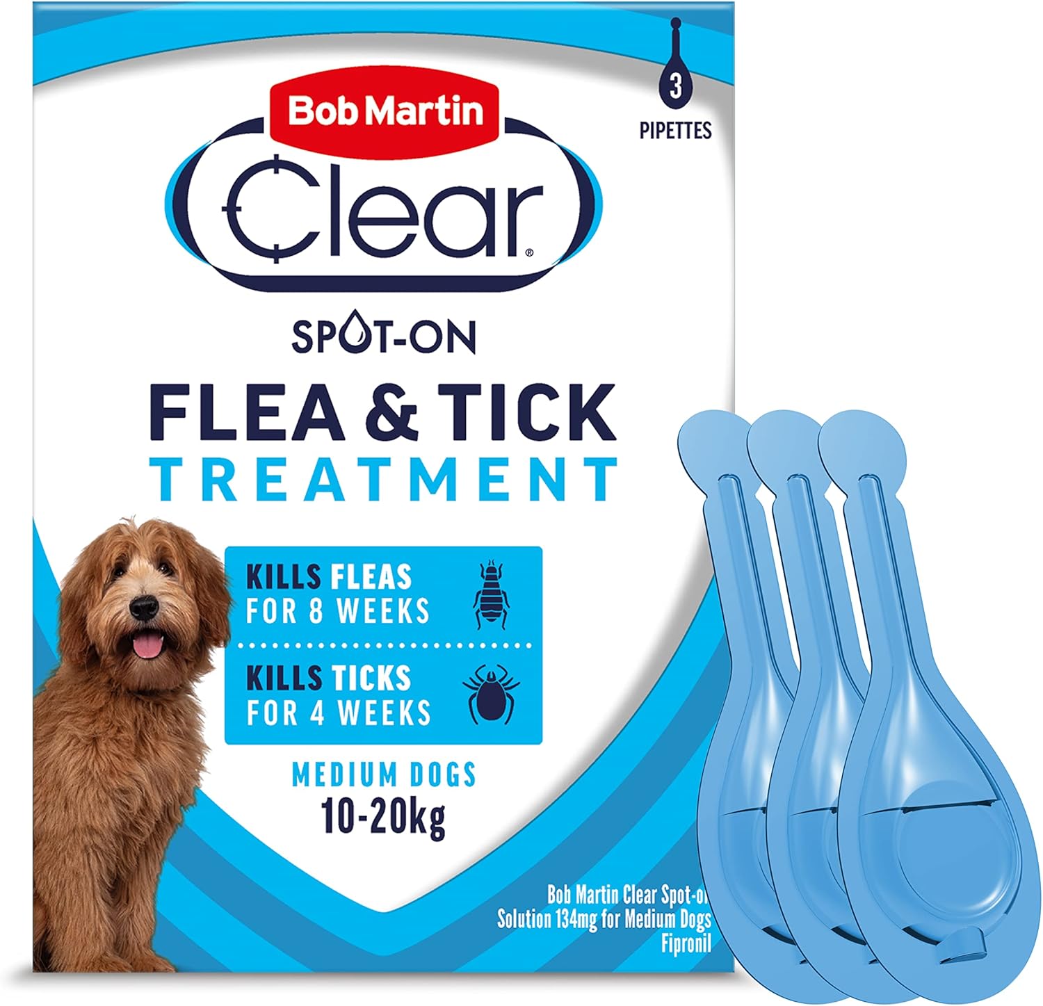 Bob Martin Clear Spot On Flea Treatment for Medium Dogs (10-20kg) - Kills Fleas & Ticks (3 Pipettes)?K0823
