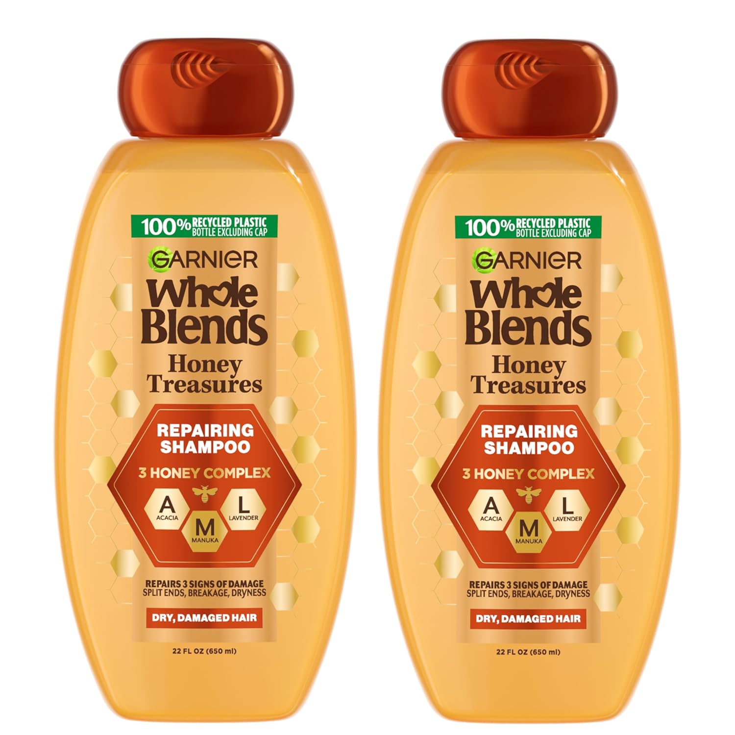 Garnier Whole Blends Honey Treasures Repairing Shampoo, For Dry, Damaged Hair, 22 Fl Oz, 2 Count (Packaging May Vary)