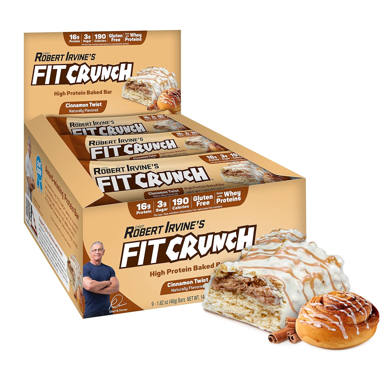 Fitcrunch Snack Size Protein Bars, Designed By Robert Irvine, 6-Layer Baked Bar, 3G Of Sugar & Soft Cake Core (9 Bars, Cinnamon Twist)