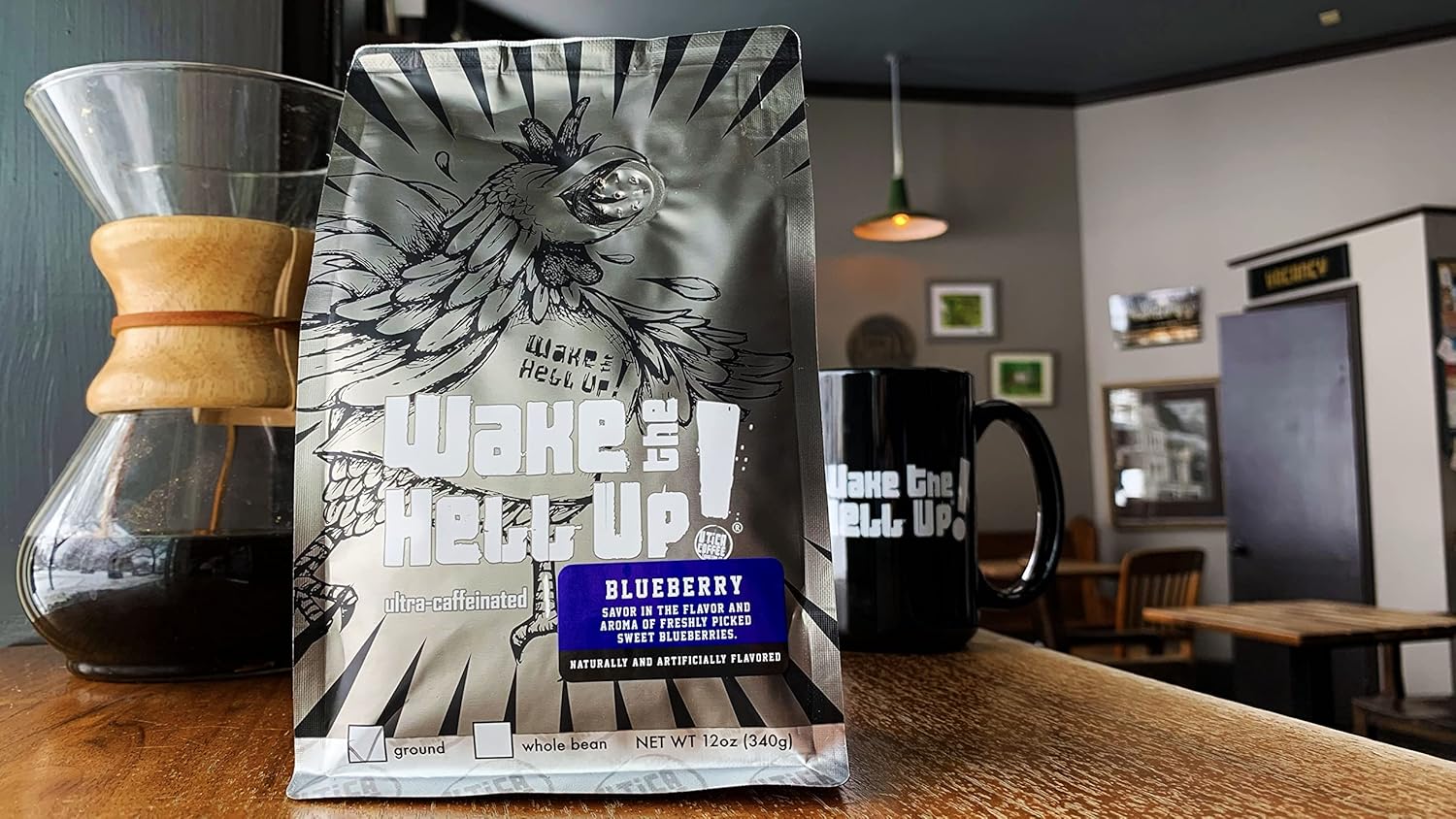 Wake The Hell Up! 12Oz Ultra-Caffeinated Blueberry Ground Coffee, Low Acid, Medium-Dark Roast