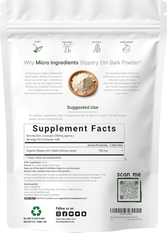 Micro Ingredients Sustainably Us Grown, Organic Slippery Elm Bark Powder, 1 Pound (648 Servings), Helps Soothe The Throat And Coughing, No Irradiated, No Contaminated, No Gmos, Pet Friendly