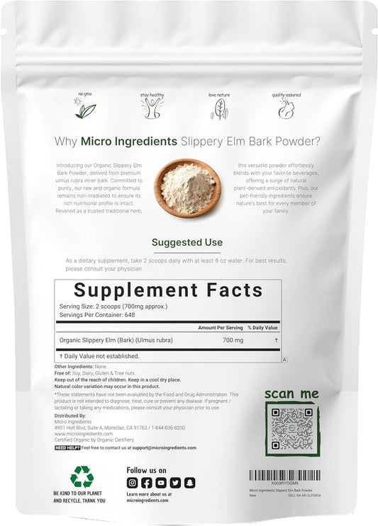 Micro Ingredients Sustainably US Grown, Organic Slippery Elm Bark Powder, 1 Pound (648 Servings), Helps Soothe The Throat and Coughing, No Irradiated, No Contaminated, No GMOs, Pet Friendly
