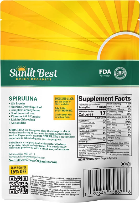 Sunlit Best USDA Organic Spirulina Powder - Blue-Green Algae, Raw & Vegan Source of Protein & Chlorophyll | Non-GMO & Gluten-Free Superfood Energy Drink | Gut Health & Immune Support Supplement, 8 oz