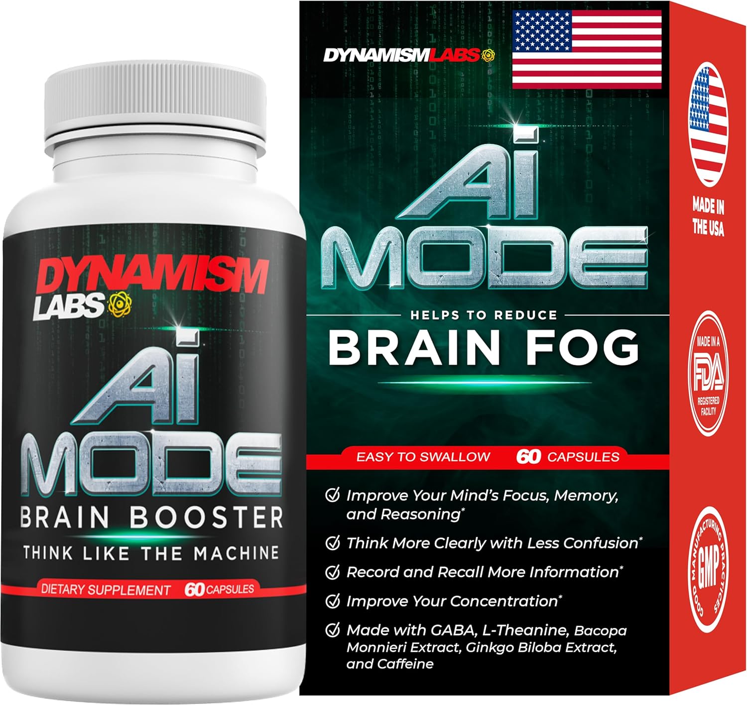Dynamism Labs Ai Brain Booster Nootropic Supplement | Improve Memory, Focus, Clarity & Concentration | Reduce Fatigue | Ginkgo Biloba, Phosphatidylcholine, Dmae | Made In Usa (60 Capsules)