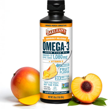 Barlean'S Mango Peach Omega 3 Fish Oil Liquid Supplement With Vitamin D, 1080Mg Epa & Dha Fatty Acid, Smoothie Flavored & Burpless For Brain, Joint, & Heart Health, 16 Oz