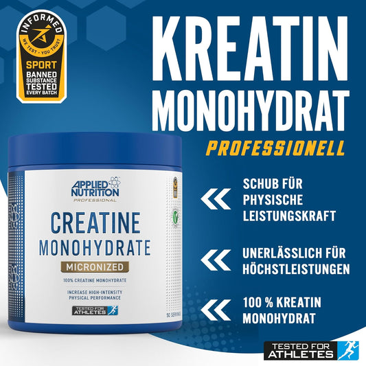 Applied Nutrition Creatine - Creatine Monohydrate Micronized Powder, Increases High-Intensity Physical Performance, Unflavoured (250G - 50 Servings) (Unflavoured) (New)