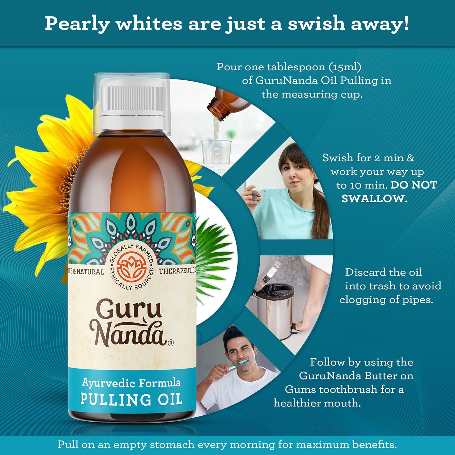 GuruNanda Original Oil Pulling with Tongue Scraper, Alcohol & Fluoride Free Mouthwash for Teeth & Gum Health & Fresh Breath (Unflavoured), 8.45 Fl Oz : Health & Household