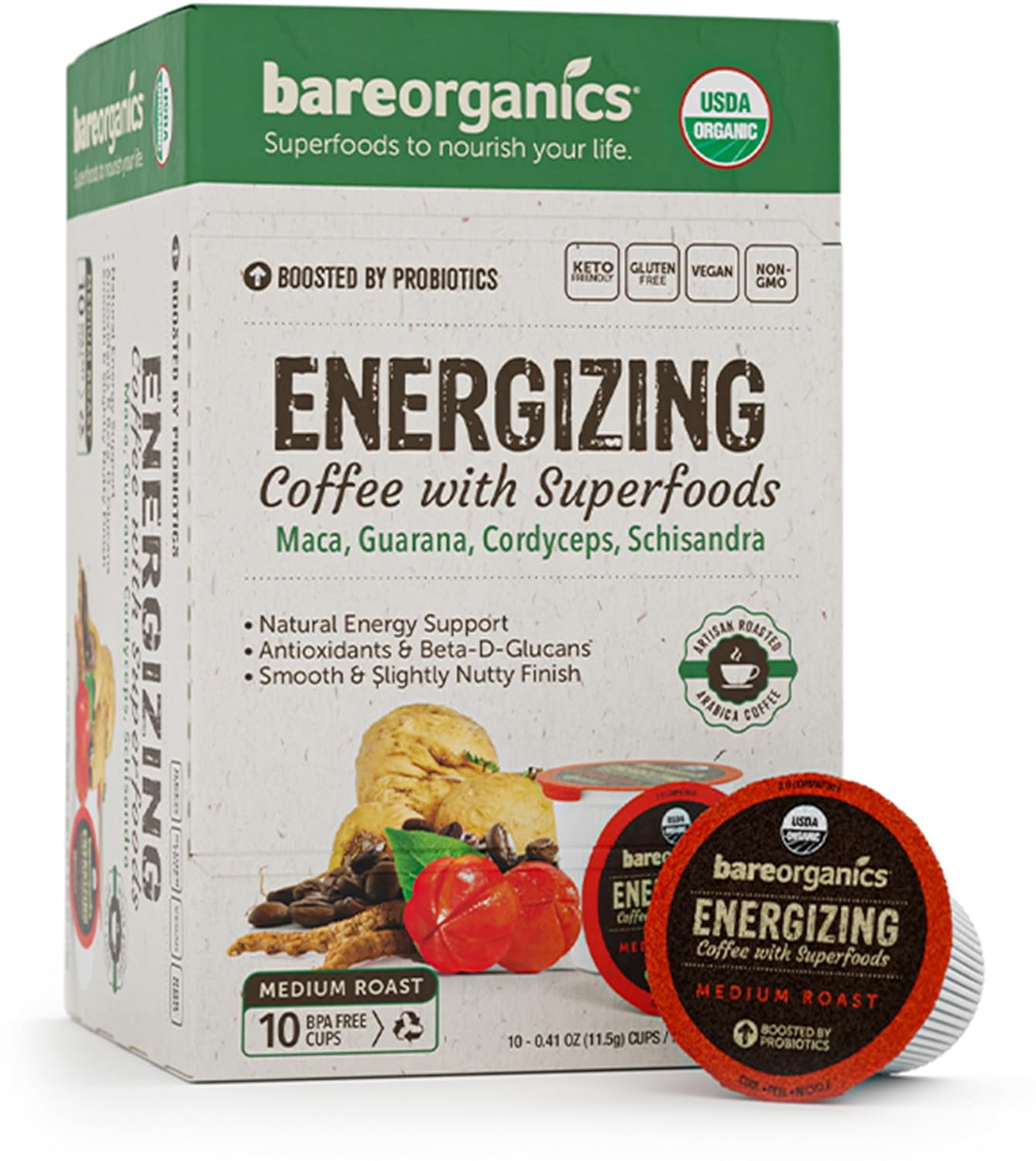 Bareorganics Cardio Care Coffee With Superfoods & Probiotics | Keurig K-Cup Compatible Coffee Pods | Usda Certified Organic, Vegan, Non-Gmo & Recyclable 72Ct