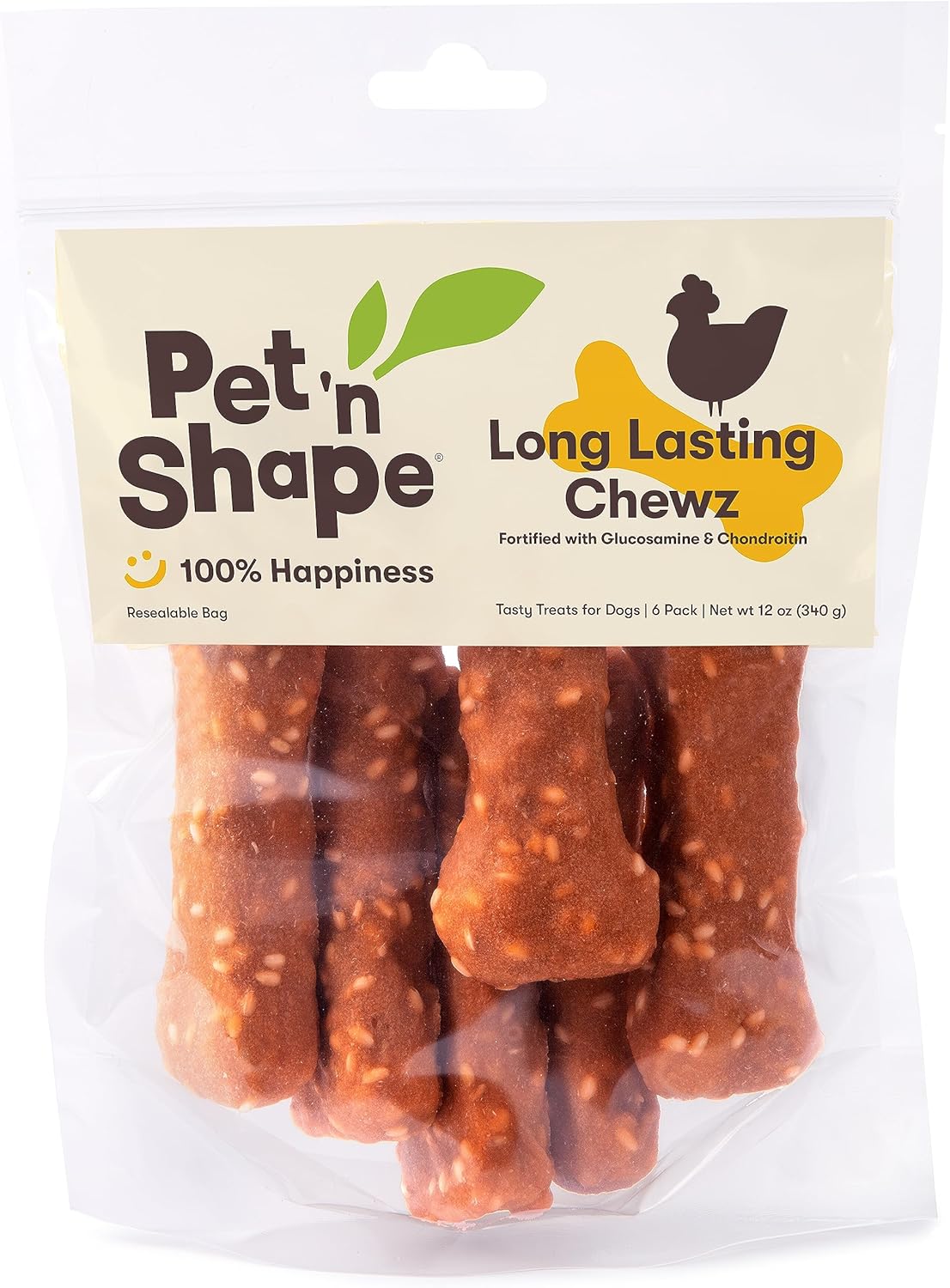 Pet 'N Shape Long Lasting Chewz Dog Treats - Chicken Wrapped Rawhide 6 Bones 4 Inch Long
