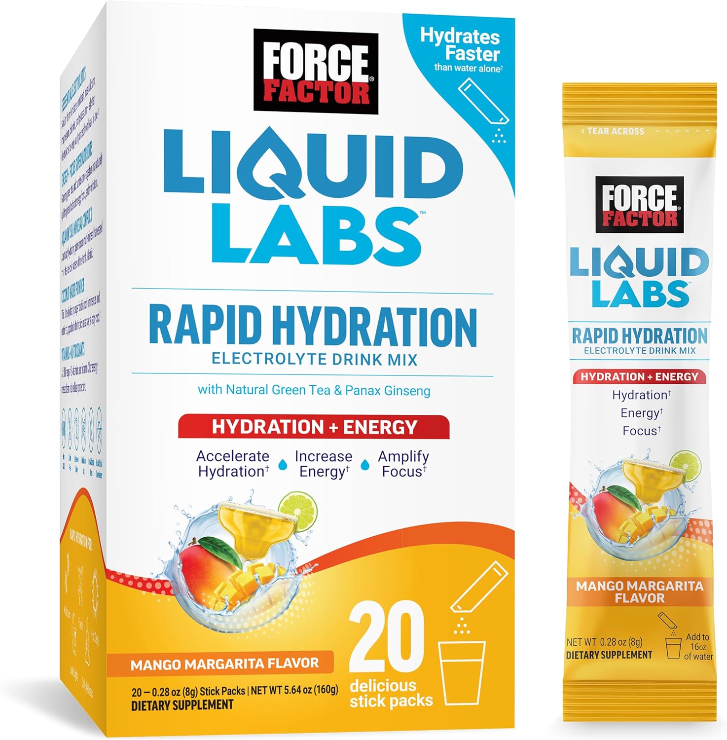 FORCE FACTOR Liquid Labs Energy Drink, Electrolytes Powder, Hydration Packets to Boost Energy & Focus, 5 Essential Electrolytes, Vitamins, Minerals, & Antioxidants, Mango Margarita, 20 Stick Packs
