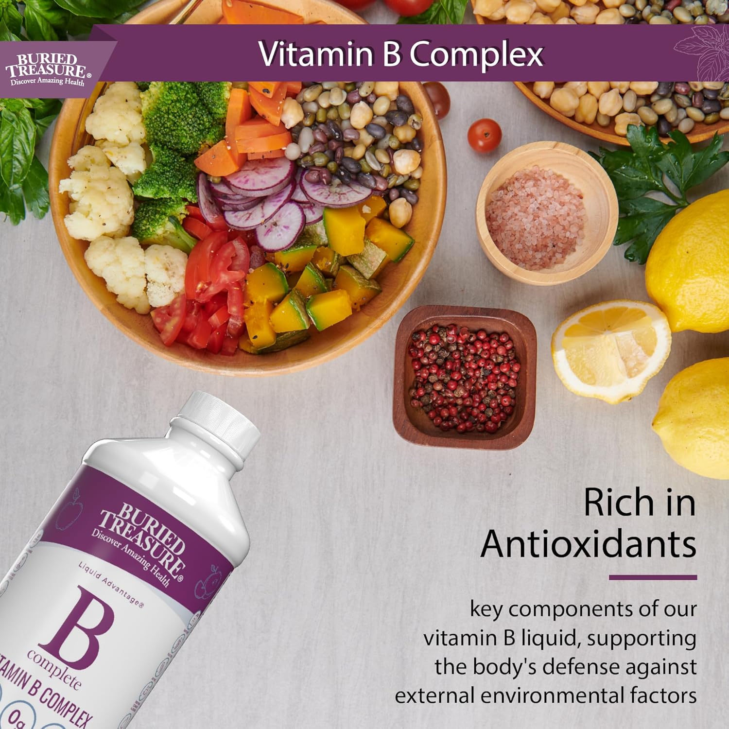 Buried Treasure B Complete High Potency All B Vitamins Liquid Supplement For Stress, Energy And Healthy Immune Support Vegan Non-Gmo, 16 Oz W/ Dose Cup : Health & Household