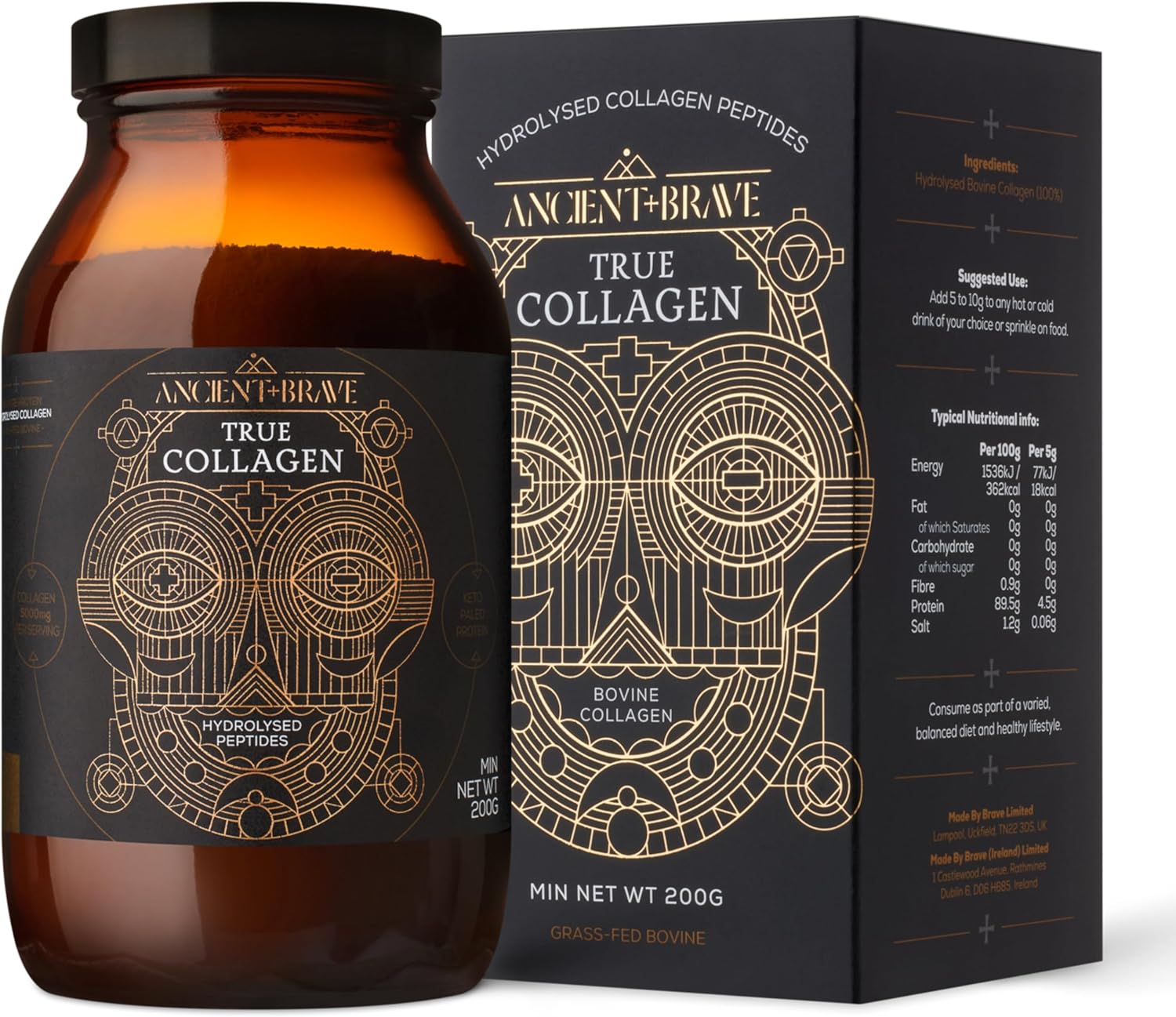 Ancient + Brave True Collagen 200G - Grass-Fed Bovine Collagen Powder - 100% Hydrolysed Collagen Peptides (Type 1) High Protein Supplements For Women - Fasting, Beauty, Keto - Skin, Hair & Nail Health