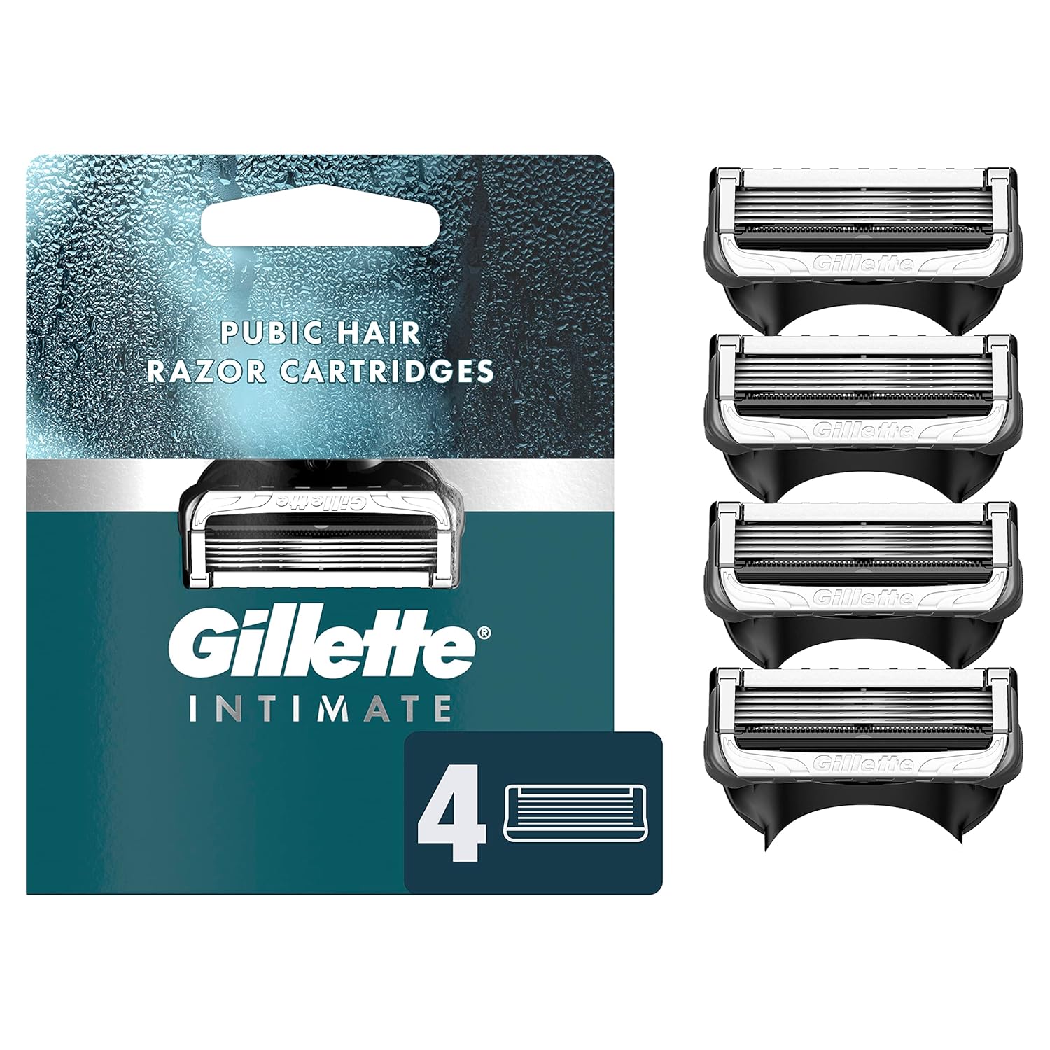 Gillette Intimate Pubic Hair Razor Cartridges, 4 Razor Blade Refills, Gentle And Easy To Use, Dermatologist Tested, With 2X Lubrication