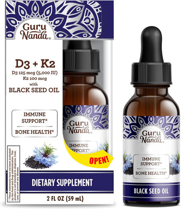 Gurunanda Black Seed Oil, Cold-Pressed Nigella Sativa - Rich In Vitamin D3 5000 Units, K2 & E, High Thymoquinone | Potent Antioxidant For Immune Support, Non-Gmo, 2 Fl.Oz