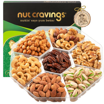 Nut Cravings Gourmet Collection - Mothers Day Mixed Nuts Gift Basket in Green Gold Box (7 Assortments, 1 LB) Arrangement Platter, Birthday Care Package - Healthy Kosher USA Made