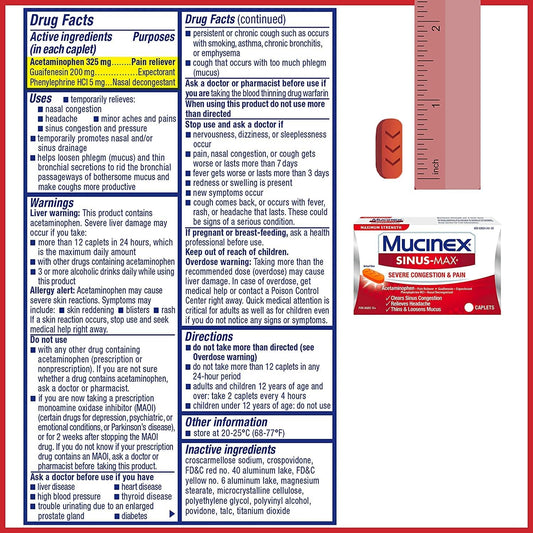Mucinex Sinus-Max Maximum Strength Severe Congestion & Pain, Sinus Symptom Relief, Pain Reliever, Expectorant And Nasal Decongestant, 20 Caplets (Pack Of 6)