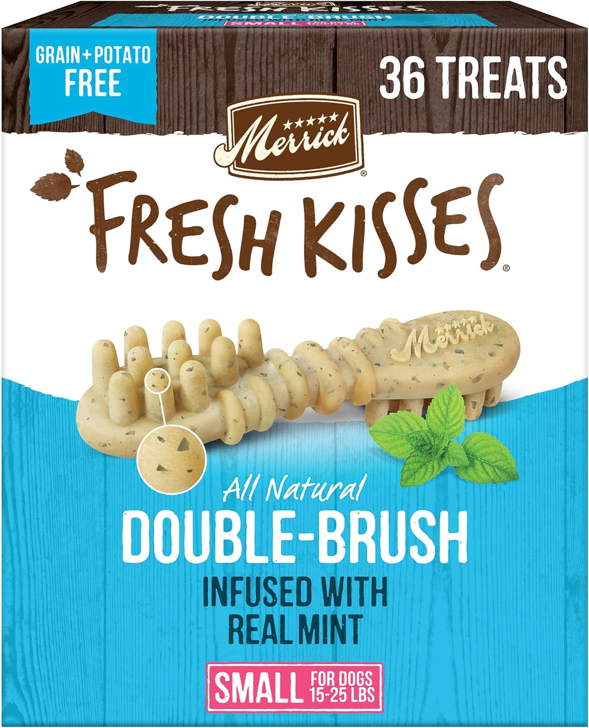Merrick Fresh Kisses Natural Dental Chews, Toothbrush Treat Shape Infused With Real Mint, Small Dogs 15-25 Lbs - 36 Ct. Box