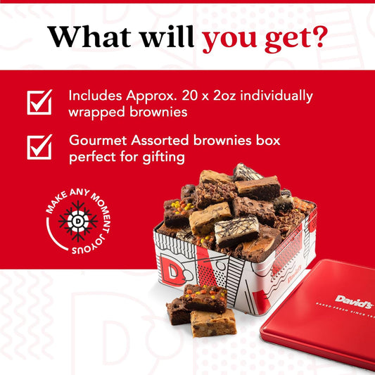 David'S Cookies Assorted Brownies Gift Tin - 20 Slices Of Individually Wrapped Gourmet Brownies - Delicious Variety Of Flavors, Fresh Baked Snacks - Ideal Brownies Gift Basket For Special Occasions