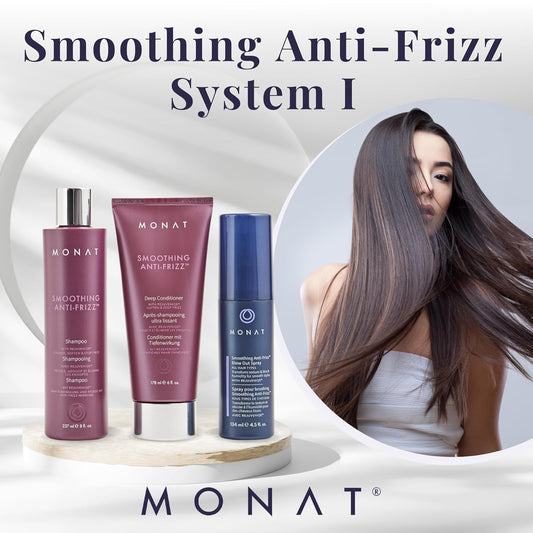 Monat Smoothing Anti Frizz System – Frizz Resistant Hair Care With Anti Frizz Shampoo Frizz Control Conditioner & Blowout Styling Spray – Professional Hair Smoothing Hair Therapy For Frizz