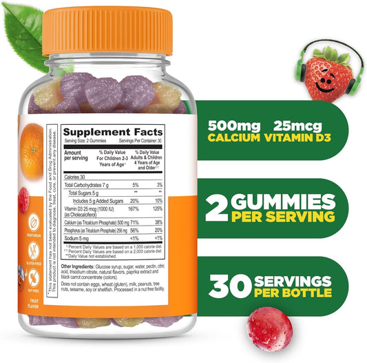 Lifeable Kids Calcium Gummies With Vitamin D3 | 500 Mg Calcium With Vitamin D3 1000 Iu | Great Tasting Calcium Supplement For Kids | For Bone Health And Teeth Growth | 60 Gummies